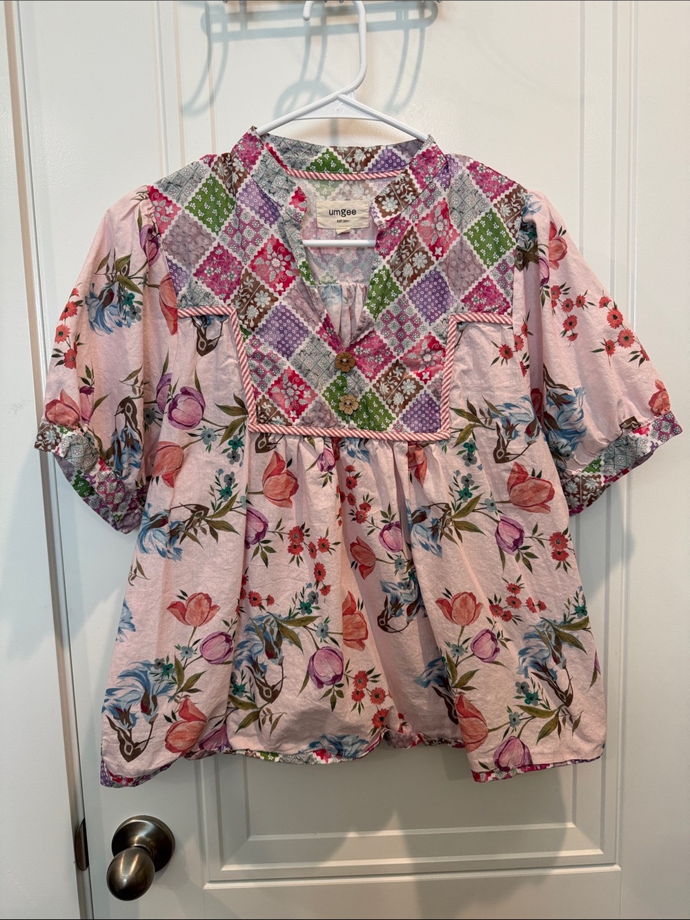 Umgee Pink Floral Patchwork Peasant Top